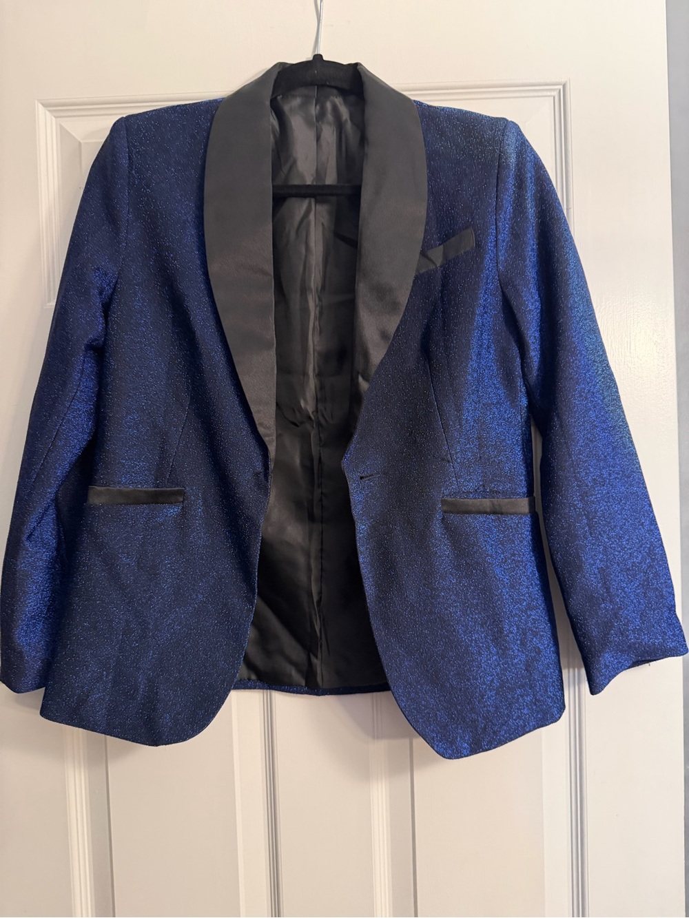 Boys Blue Metallic Shawl Collar Blazer, Boys. L